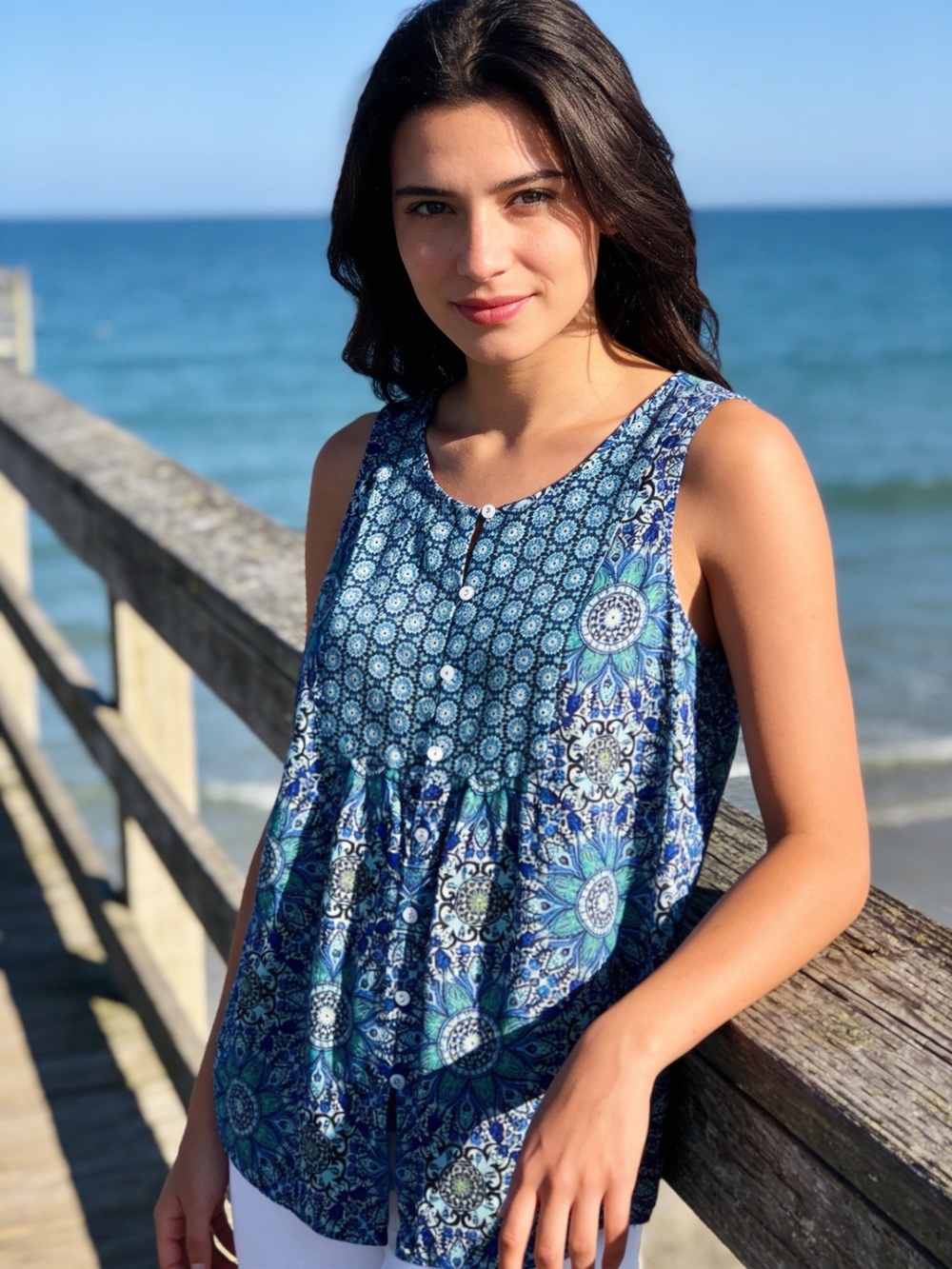 J.Jill Women's Sleeveless Blue Patterned Blouse - Size M Petite